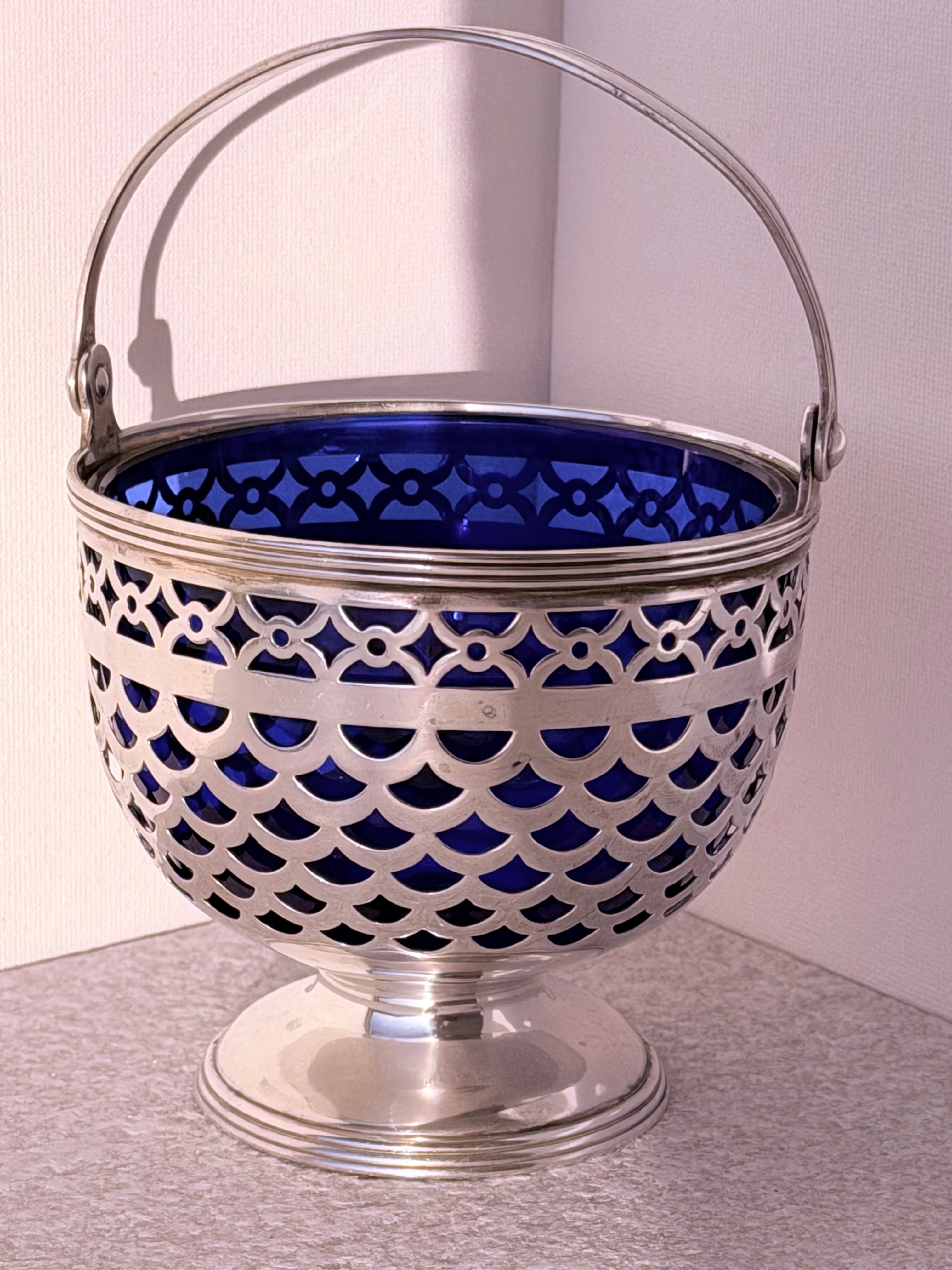 Tiffany & Co. Sterling Silver Basket Henry Sturgis Morgan with Original Cobalt Glass Liner Monogram: HSM | Circa 1920 to 1935-Palm Beach / Morgan Family Yacht Corsair- 107 Grams Sterling 307 Grams W/Cobalt Liner