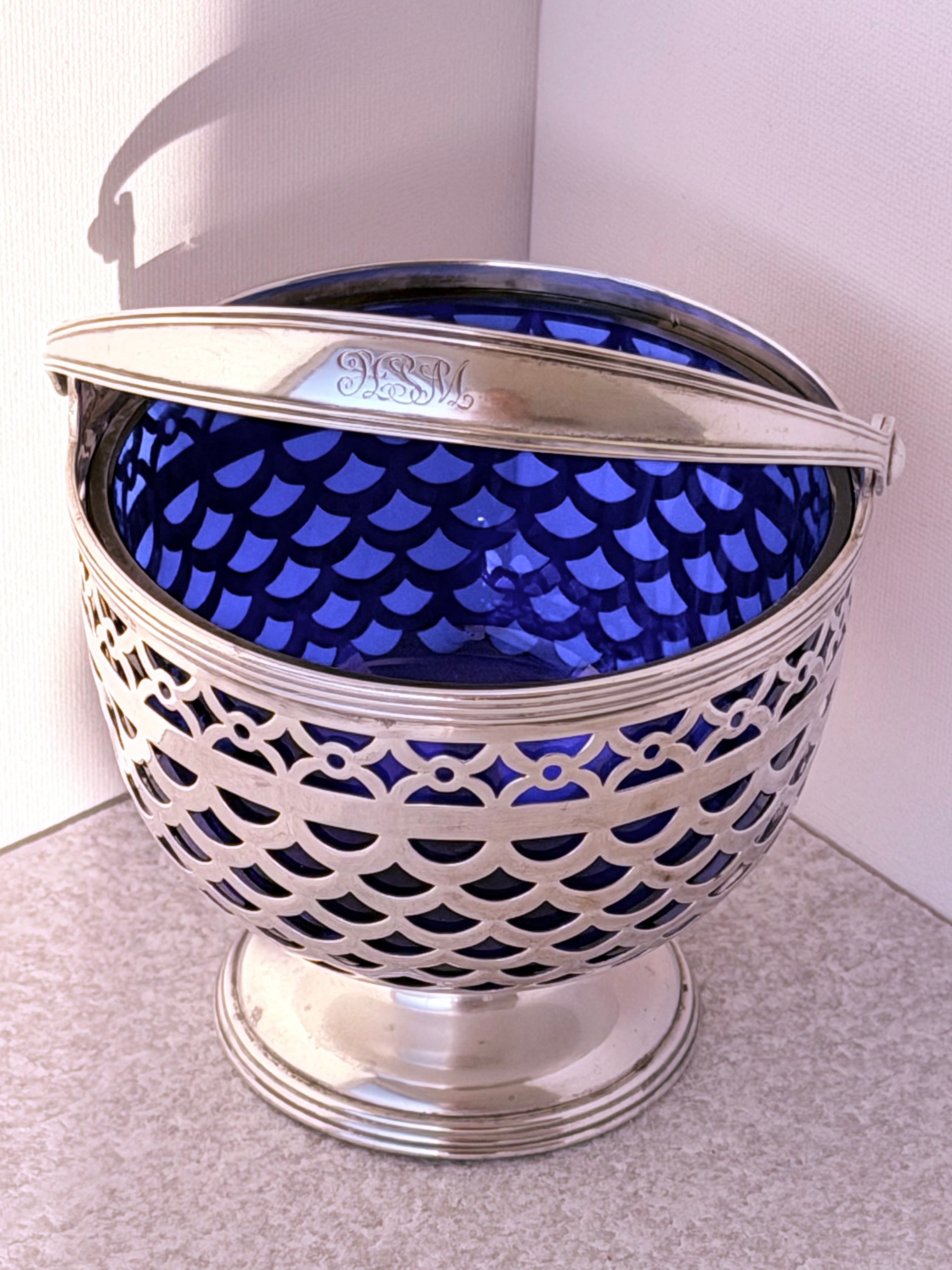 Tiffany & Co. Sterling Silver Basket Henry Sturgis Morgan with Original Cobalt Glass Liner Monogram: HSM | Circa 1920 to 1935-Palm Beach / Morgan Family Yacht Corsair- 107 Grams Sterling 307 Grams W/Cobalt Liner